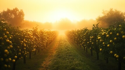 Naklejka premium A serene vineyard at sunrise, with mist and golden fruit reflecting the morning light.