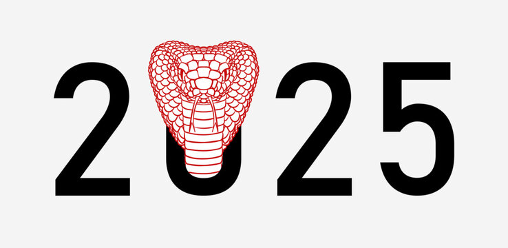 Illustration of hand drawn red King Cobra snake head and text 2025, symbolizing the Chinese zodiac's Year of the Snake. Banner with reptile and number in Asian style for Christmas holidays