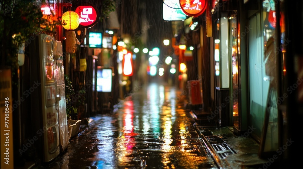 Wall mural A rainy street scene illuminated by colorful lights reflecting on wet pavement.