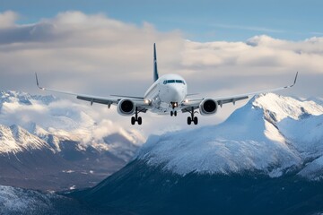 A commercial airplane descends towards a snow-capped mountain range. The aircraft is captured in flight, highlighting the power of aviation and the beauty of nature. This image symbolizes travel, adve