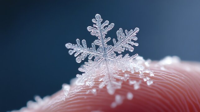 Close-up of an intricate snowflake on a fingertip, showcasing its unique and delicate structure against a blurred blue background.