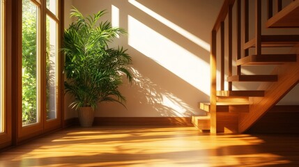 Obraz premium A contemporary home interior with a focus on natural light and warmth. Sunlight streams through a large window, casting long shadows across the hardwood floor. A potted plant adds a touch of life and 
