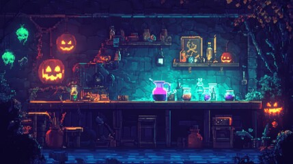 Spooky Halloween-themed laboratory with glowing potions, jack-o-lanterns, and eerie lighting, perfect for a magical and mysterious background.