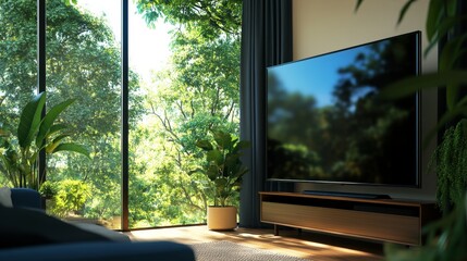 Fototapeta premium A contemporary living room with a large flat screen TV mounted on a stylish stand. The room is bathed in natural light from large windows overlooking a lush green forest. The TV is the focal point, cr