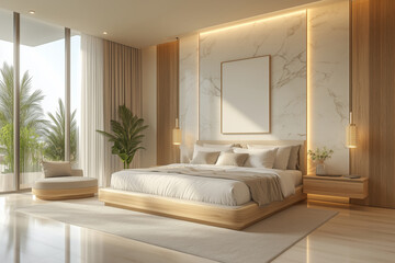 Fototapeta premium A serene bedroom retreat with a king-sized bed and large windows overlooking lush greenery in a modern oasis