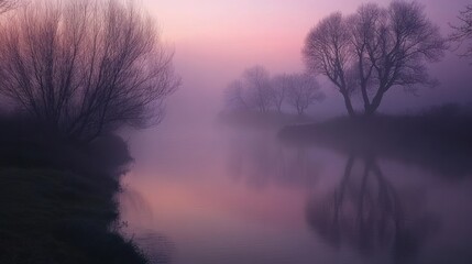 Naklejka premium A serene river landscape shrouded in mist during twilight, creating a tranquil atmosphere.