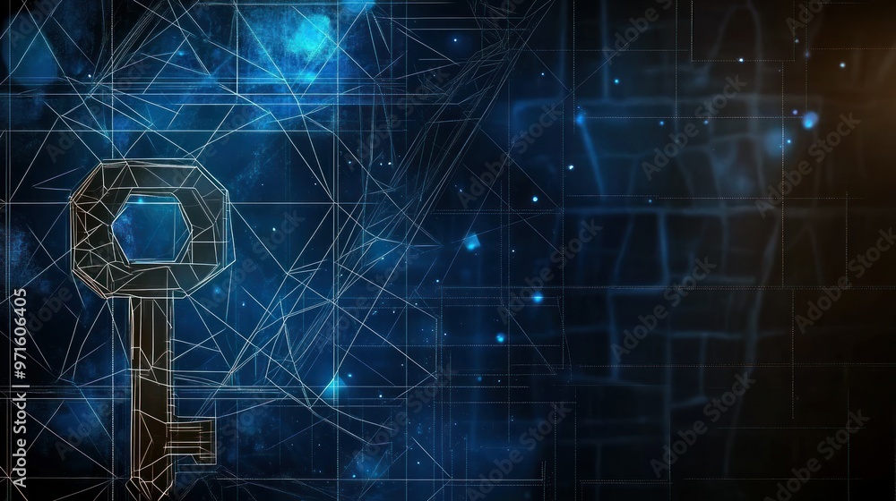 Poster a digital illustration of a key amidst a network of lines and stars, symbolizing security and access