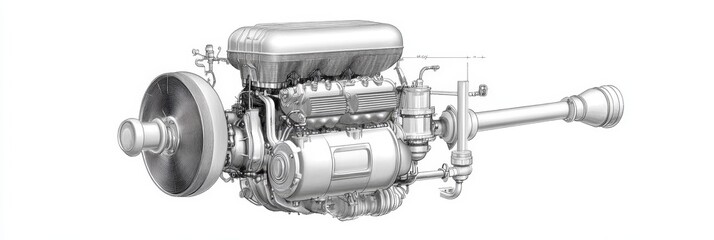 A detailed black and white  illustration of a V8 engine diagram, showcasing the internal components and their relationships. It represents power, engineering, and mechanics.