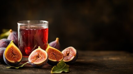 A glass of fig juice surrounded by fresh figs on a rustic table.