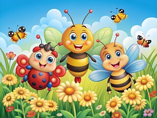 Whimsical illustration of a smiling bee, butterfly, and ladybug trio standing together, surrounded by colorful flowers and lush greenery, against a sunny blue sky background.