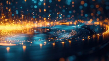 An abstract representation of a vinyl record with glowing particles and vibrant colors.