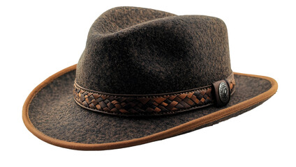 a brown hat with a brown band. 