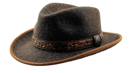 a brown hat with a brown band. 