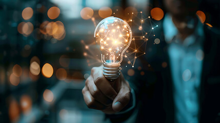 Innovative Businessman Holding a Lightbulb Representing AI and Artificial Intelligence Concepts, Symbolizing Bright Ideas and Future Technological Advancements in Modern Business Solutions