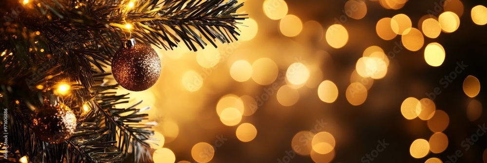 Poster a festive background featuring a close-up of a christmas tree branch with golden lights and bokeh. t