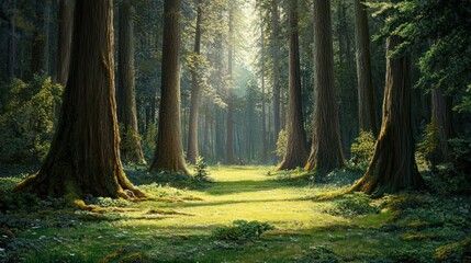 Obraz premium Sunlit Path Through a Dense Forest of Tall Trees