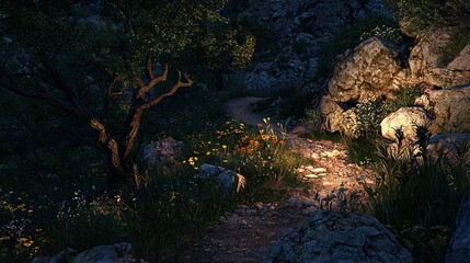   A nighttime image of a winding path surrounded by vibrant blooms and towering foliage, leading to a majestic rock formation on the distant horizon