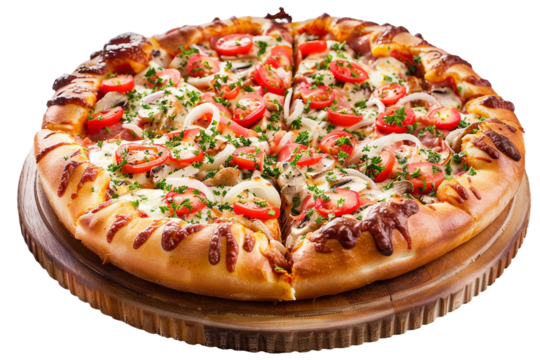 Savory stuffed crust pizza with a crispy exterior and a creamy cheese core isolated on transparent background