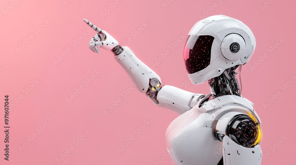 Poster a friendly, white robot with a pink visor is pointing upwards with its right hand. the robot is stan