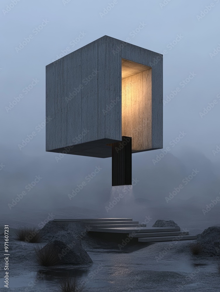 Poster a futuristic concept of a tiny home featuring a concrete cube structure with a window emitting a bea