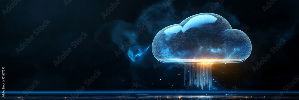 Poster a glowing blue cloud symbol with data streaming downwards, representing the concept of cloud computi