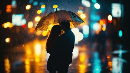 A couple embraces under an umbrella in the rain, illuminated by vibrant city lights.