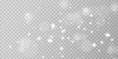 White png dust light. Bokeh light lights effect background. Christmas background of shining dust Christmas glowing light bokeh confetti and spark overlay texture for your design.