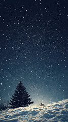 Fototapeta premium A serene winter night with falling snowflakes and silhouette of tree