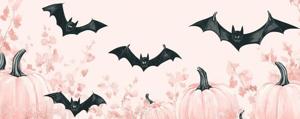 Fototapeta premium Bats flying over pastel pink pumpkins halloween background