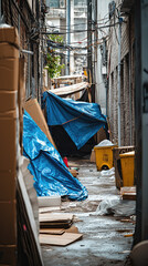 Makeshift urban shelter made of tarps and cardboard in narrow alleyway