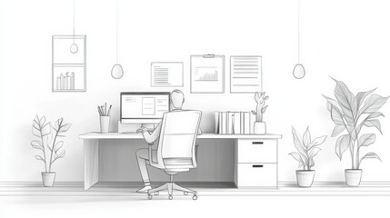 Fototapeta premium A hand-drawn illustration depicting a businessman working at his desk in a modern office. The image symbolizes efficiency, organization, and productivity, with elements such as a clean workspace, a co