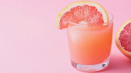 Fototapeta premium A refreshing pink grapefruit drink garnished with a slice, set against a pink background.