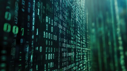Abstract digital background with binary code and glowing green lights.