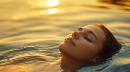 Young woman floating in water with eyes closed at sunset