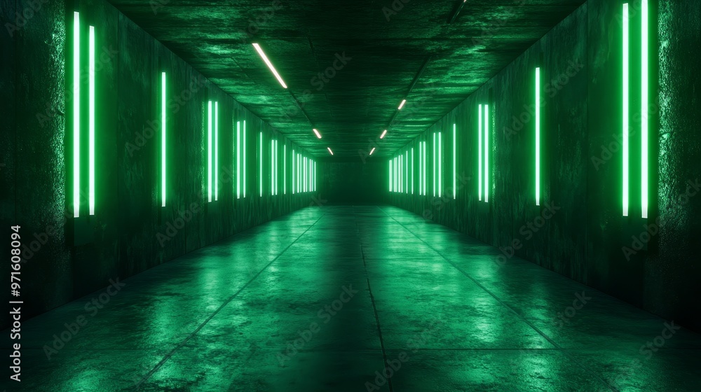 Poster a long, dark corridor lined with glowing green neon lights. the walls are textured with a rough conc