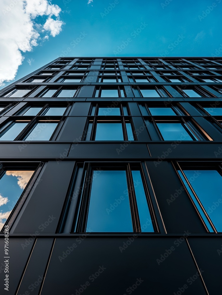 Poster a low angle view of a sleek, modern skyscraper with a graphite facade and large windows reflecting t