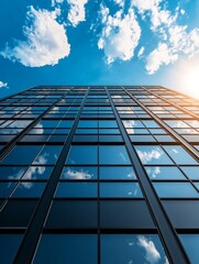A low-angle view of a modern building with a sleek glass facade reflecting the blue sky and white clouds. The image symbolizes progress, innovation, and a clear vision for the future.