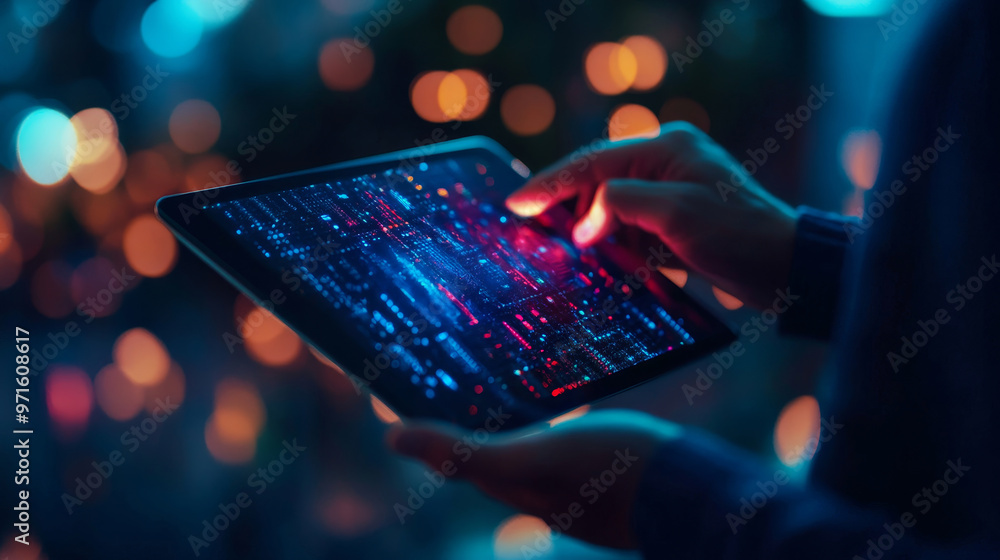 Poster a man's hands are shown holding a tablet with a digital display of technology data. the tablet scree