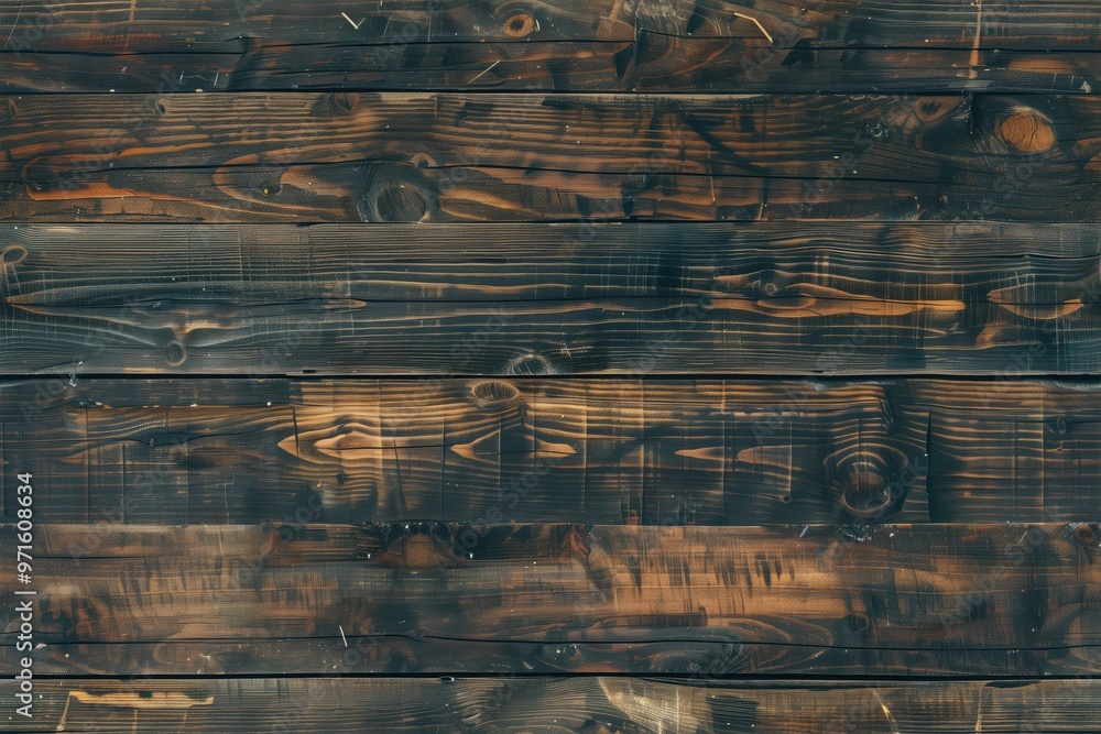 Poster dark, charred rustic wooden planks with visible grain patterns and textures. the wood has a rustic a