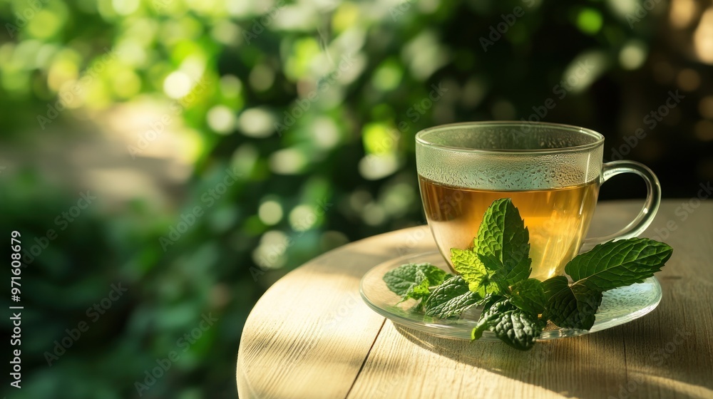 Sticker A cup of herbal tea with fresh mint leaves on a wooden table, surrounded by greenery.