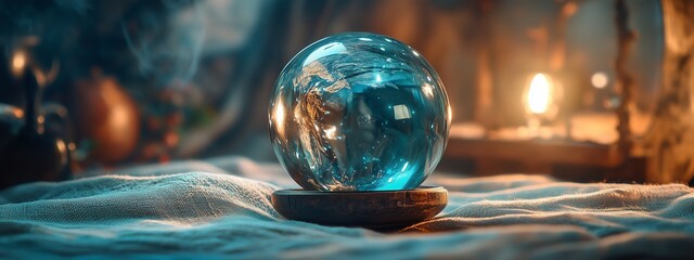 Fototapeta premium A mystical crystal globe emits a blue glow, resting on a wooden base surrounded by soft fabrics and warm candlelight in an enchanting setting