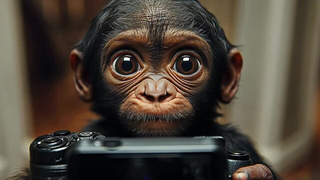 A curious baby monkey inspects and interacts playfully with a camera in a cozy indoor setting, showcasing its adorable expressions and inquisitive nature.