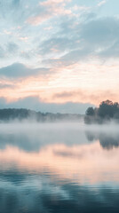 Obraz premium Misty fog rolling over quiet lake with soft clouds creates serene atmosphere