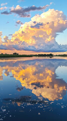 Tranquil water reflects puffy clouds in serene landscape at sunset