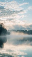 Obraz premium Misty fog rolling over quiet lake with soft clouds creates serene atmosphere