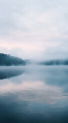 Fototapeta premium Misty fog rolling over quiet lake creates serene atmosphere