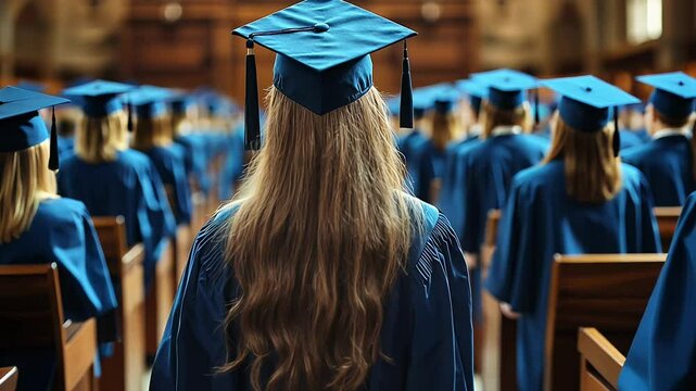 Students gather in a historic venue, wearing blue caps and gowns, celebrating their graduation with their families and friends in a vibrant spring atmosphere.