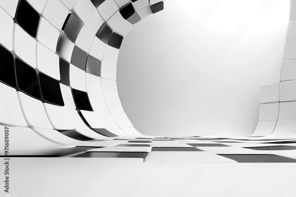 Poster a minimalist abstract image featuring a curved wall made of black and white square tiles, creating a