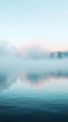 Fototapeta premium Misty morning scene with soft fog over water and clouds reflecting beautifully