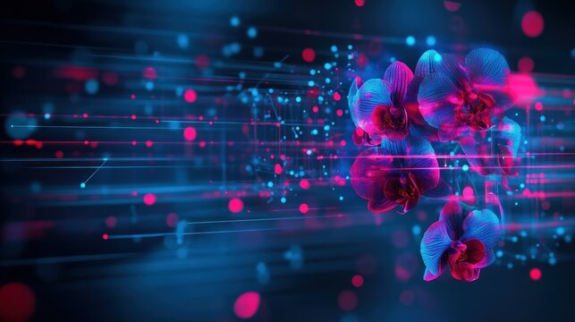 A vibrant digital representation of orchids amidst abstract light and data patterns.